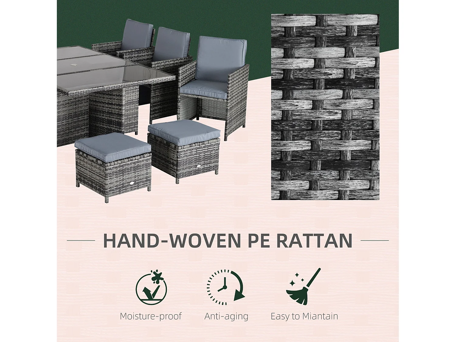 Tasuke 10 Seater Grey Rattan Cube Garden Dining Set with Cushions and Rectangular Glass Table