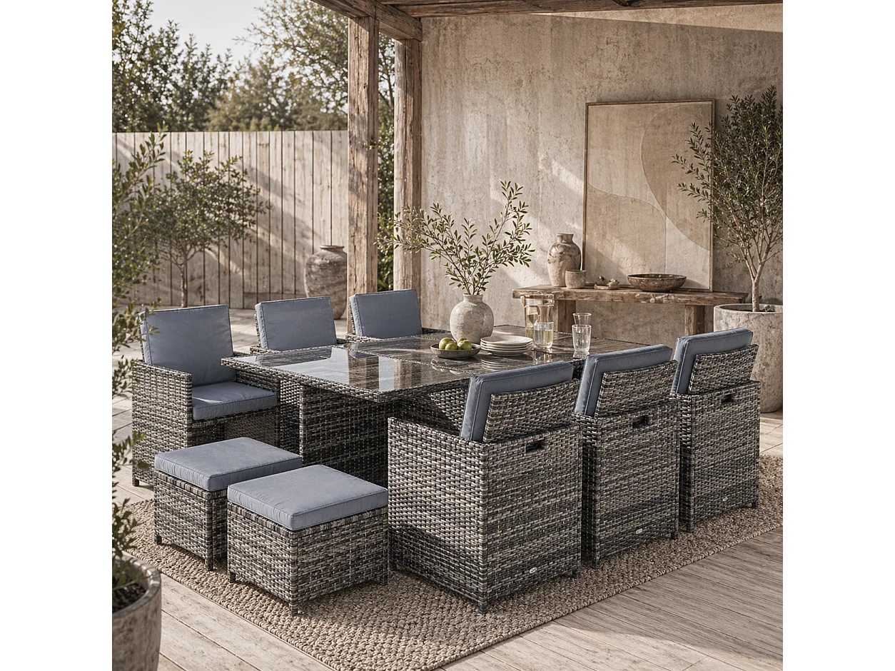 Tasuke 10 Seater Grey Rattan Cube Garden Dining Set with Cushions and Rectangular Glass Table