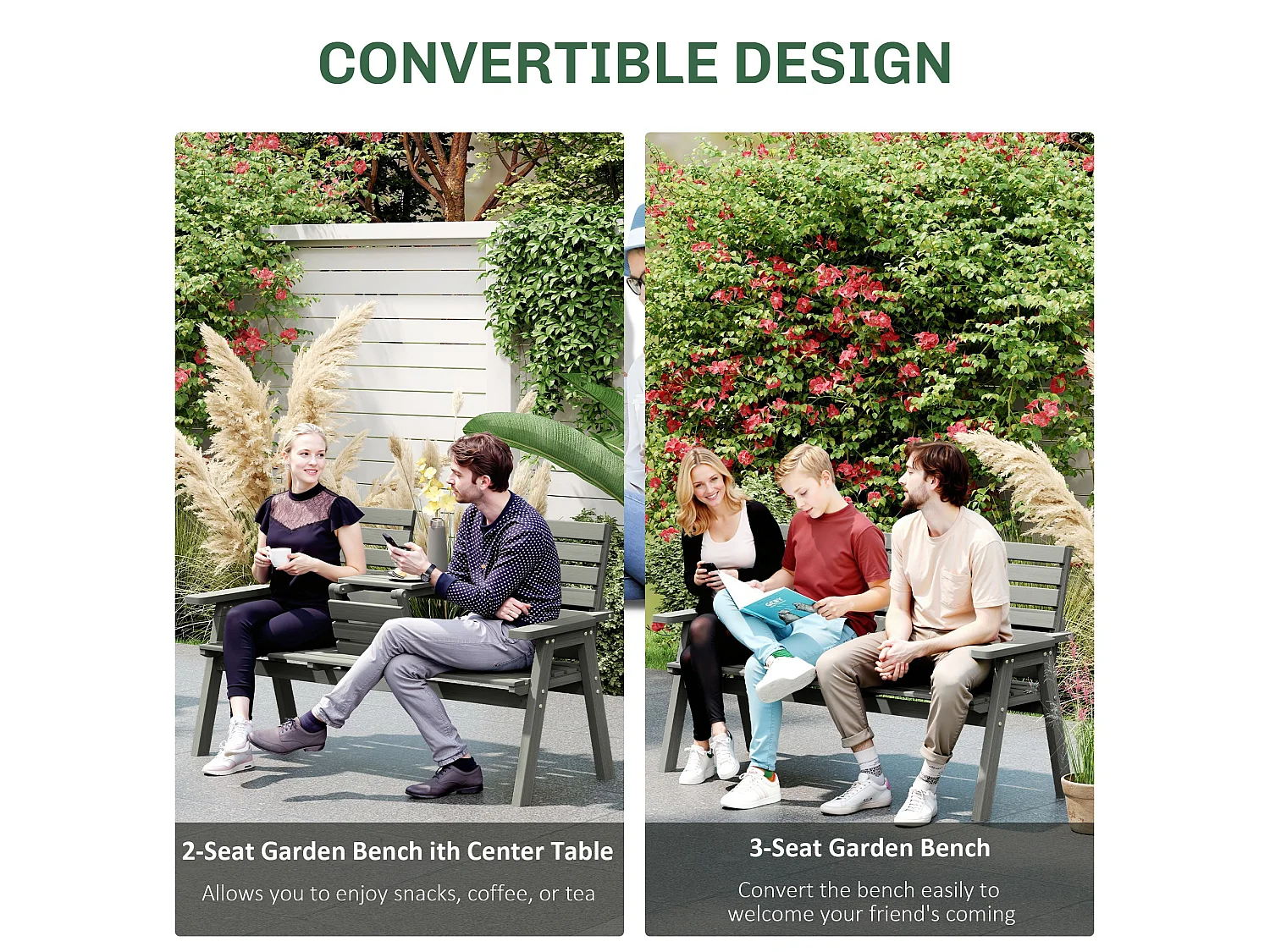 Loke Grey Fir Wood Convertible Outdoor Bench 2 to 3 Seat Expanding Design