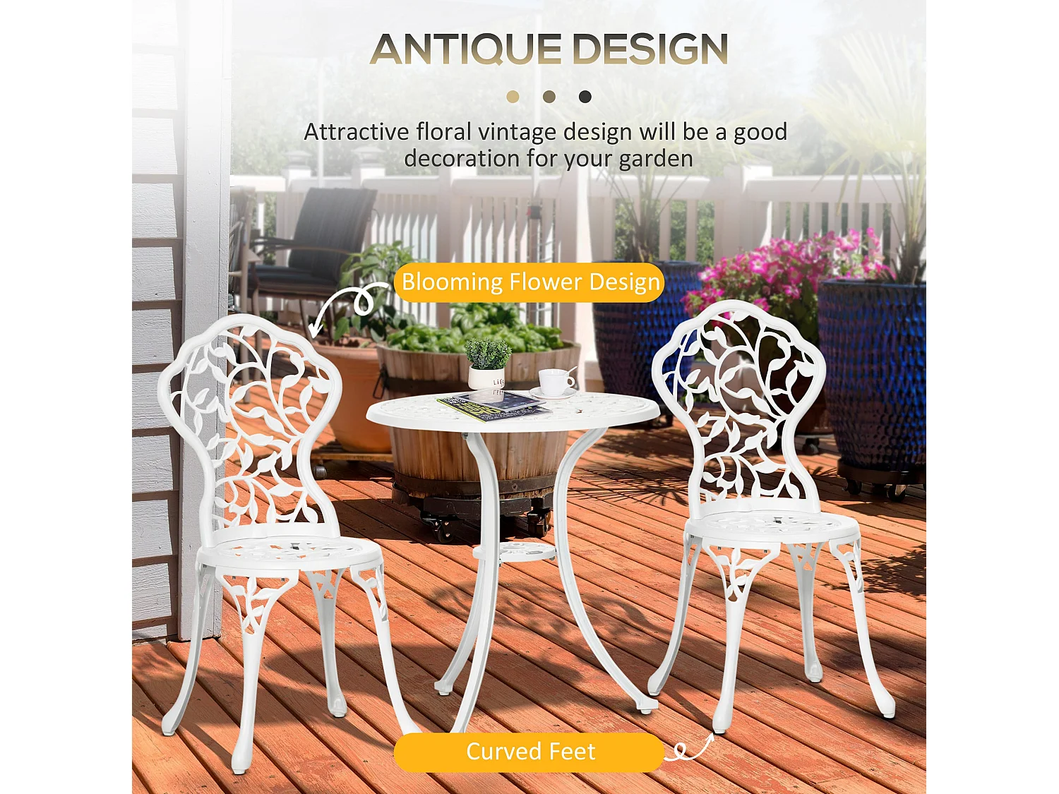 Karipa Cast Aluminium White 3 Piece Floral Bistro Dining Set