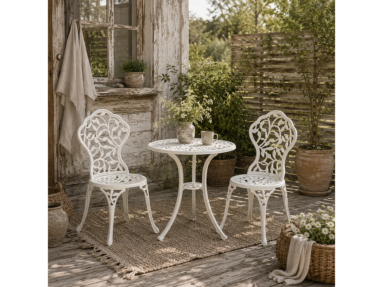 Karipa Cast Aluminium White 3 Piece Floral Bistro Dining Set
