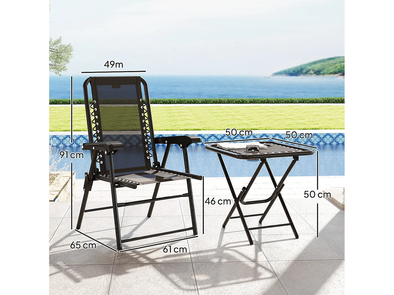 Lacotte Black 3 Piece Folding Mesh Bistro Set 2 Chairs and Coffee Table
