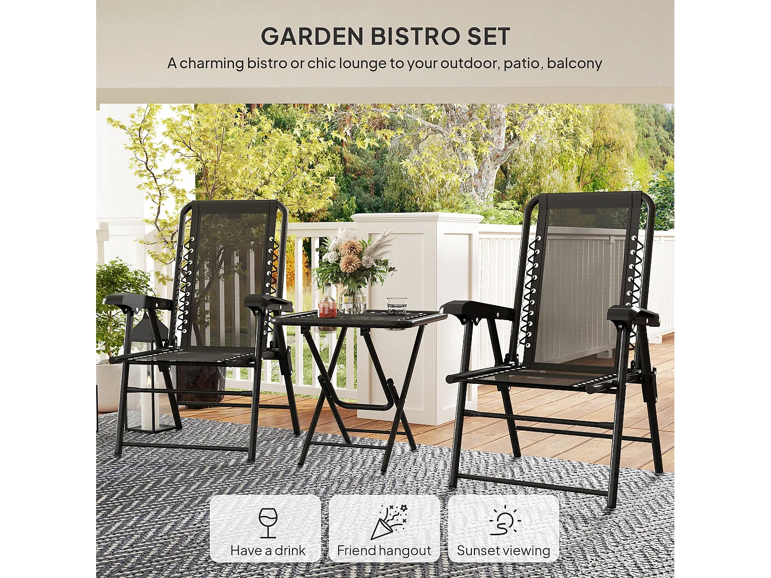 Lacotte Black 3 Piece Folding Mesh Bistro Set 2 Chairs and Coffee Table