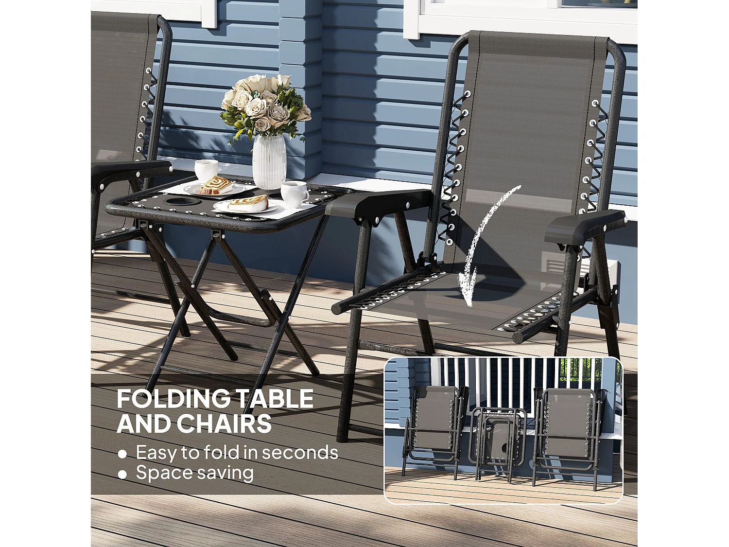 Lacotte Black 3 Piece Folding Mesh Bistro Set 2 Chairs and Coffee Table