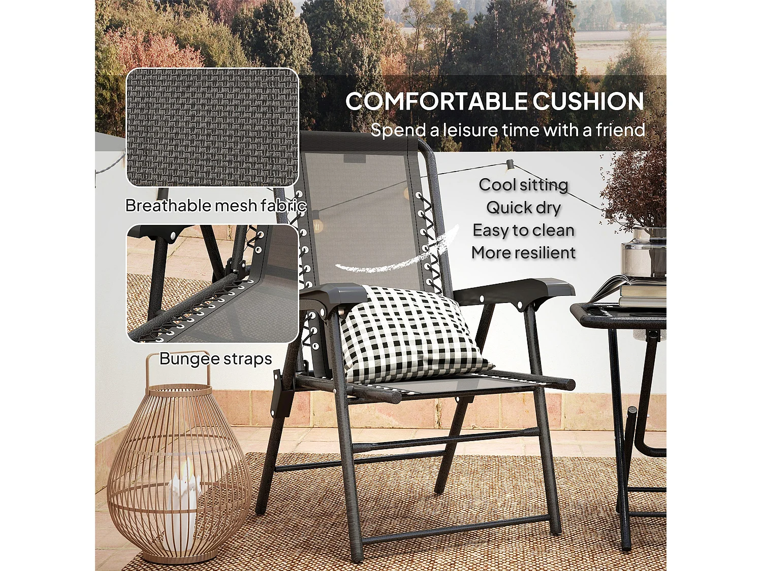 Lacotte Black 3 Piece Folding Mesh Bistro Set 2 Chairs and Coffee Table