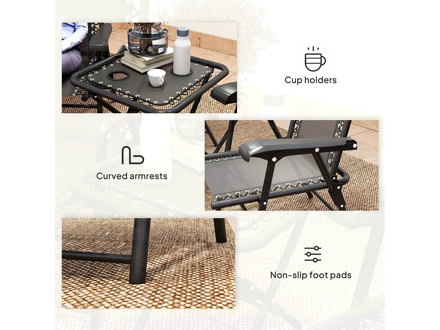 Lacotte Black 3 Piece Folding Mesh Bistro Set 2 Chairs and Coffee Table