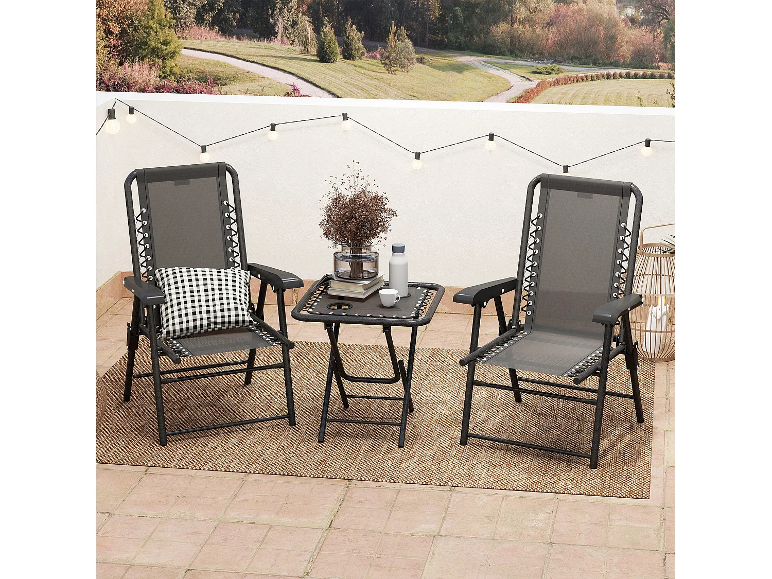 Lacotte Black 3 Piece Folding Mesh Bistro Set 2 Chairs and Coffee Table