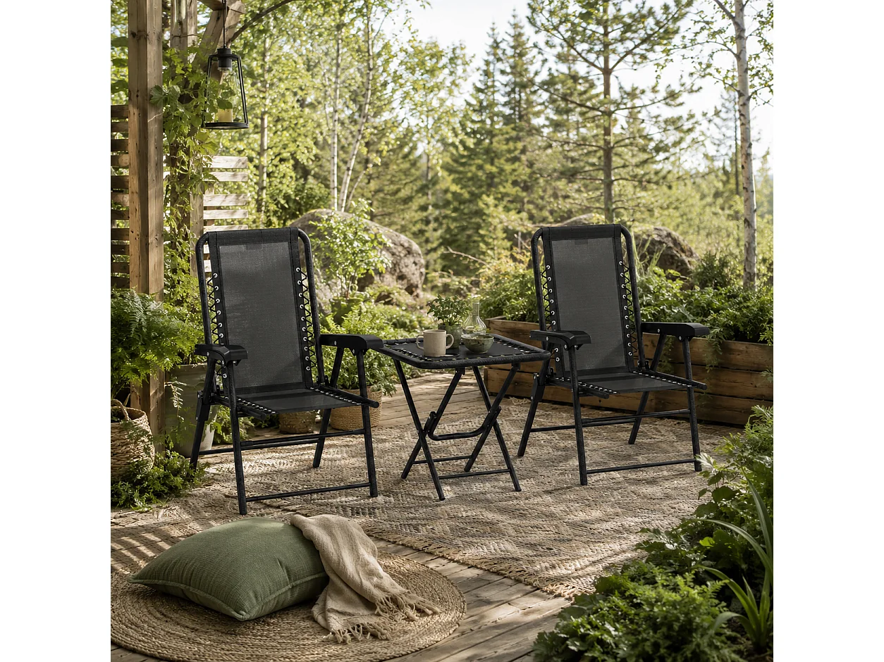 Lacotte Black 3 Piece Folding Mesh Bistro Set 2 Chairs and Coffee Table