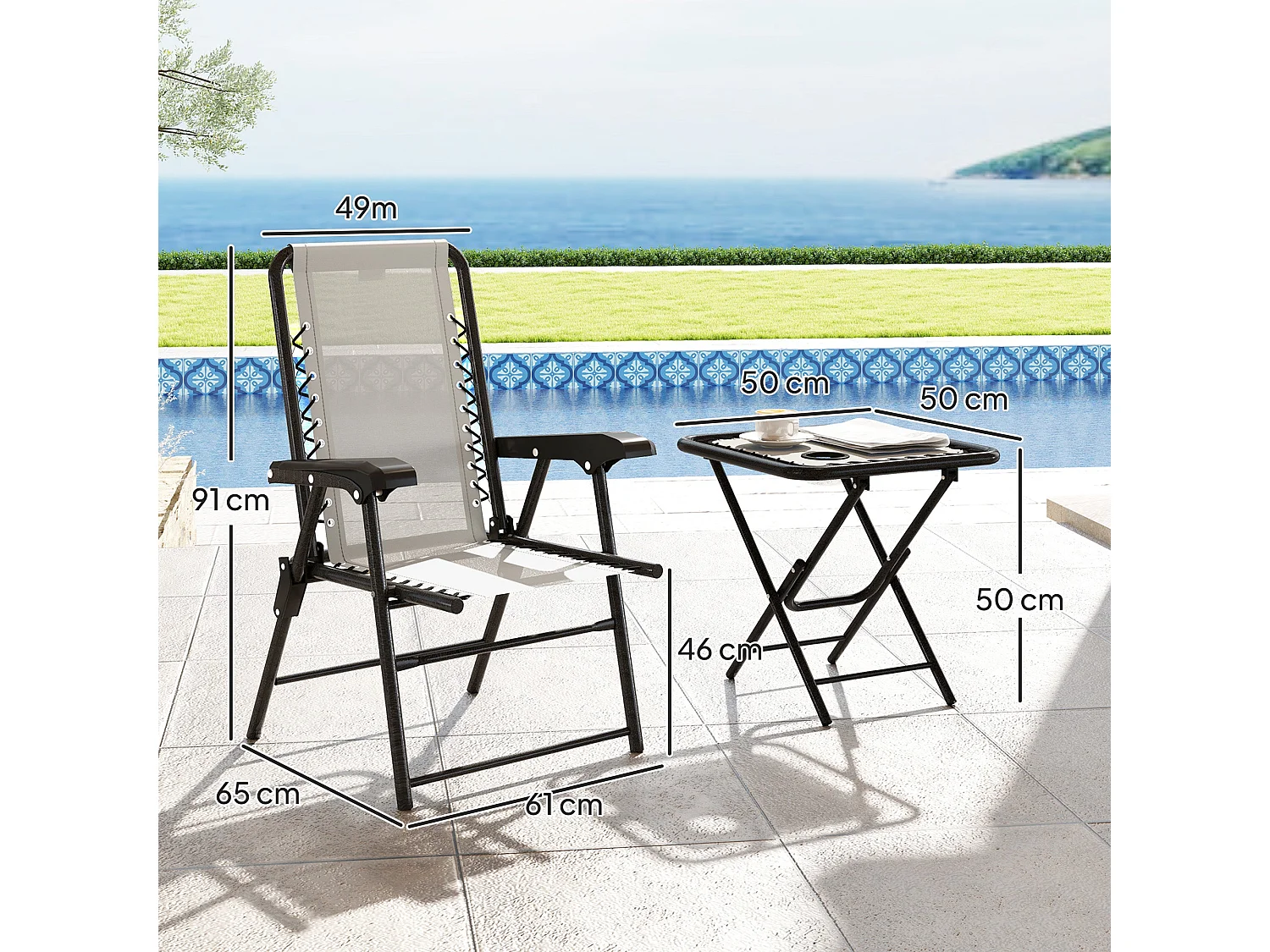 Diroke Cream White 3 Piece Foldable Bistro Set 2 Armchairs and Coffee Table