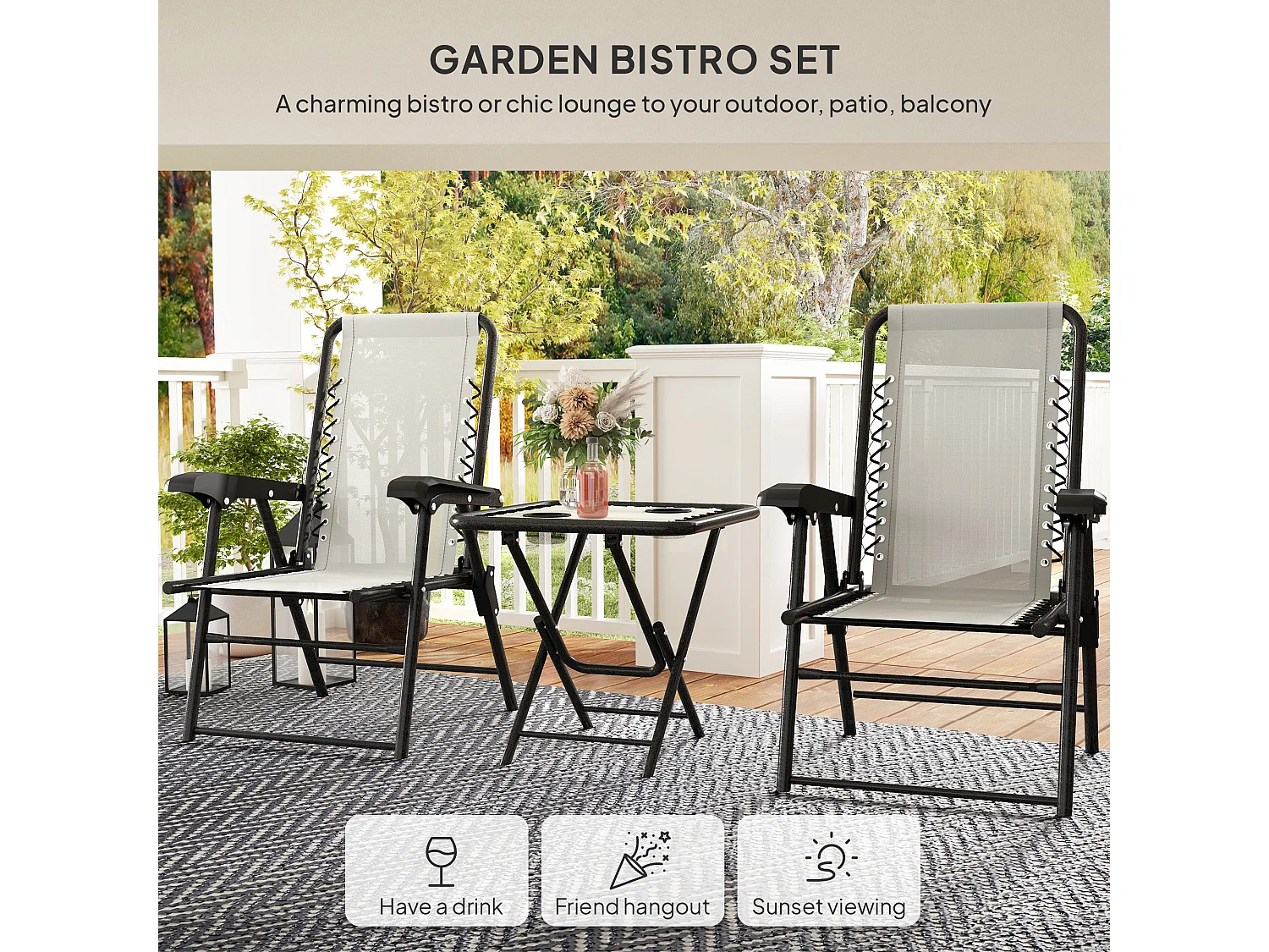 Diroke Cream White 3 Piece Foldable Bistro Set 2 Armchairs and Coffee Table