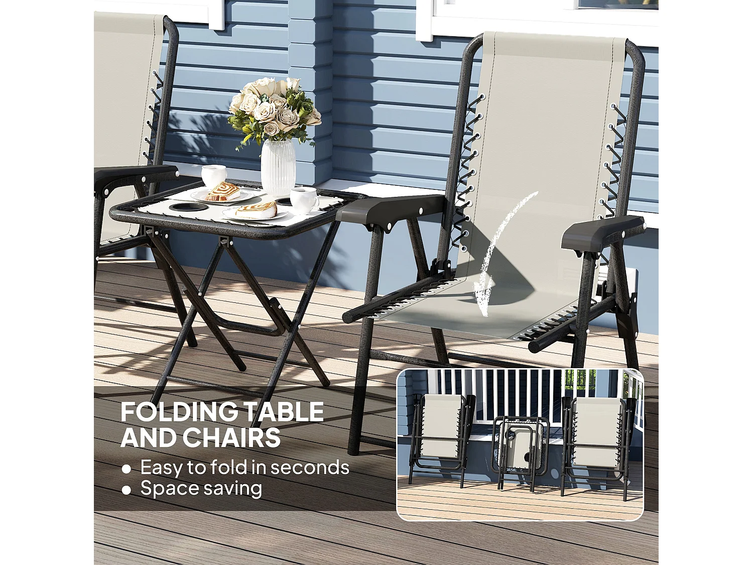 Diroke Cream White 3 Piece Foldable Bistro Set 2 Armchairs and Coffee Table