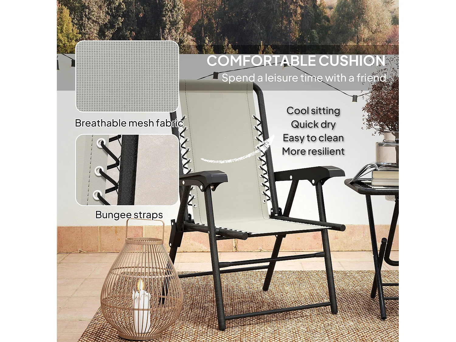 Diroke Cream White 3 Piece Foldable Bistro Set 2 Armchairs and Coffee Table