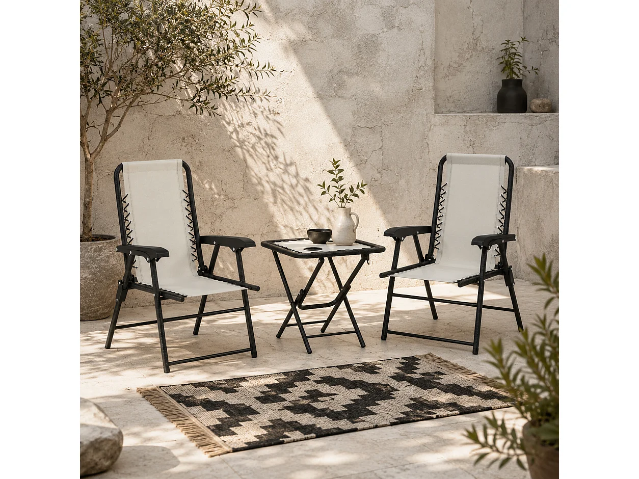 Diroke Cream White 3 Piece Foldable Bistro Set 2 Armchairs and Coffee Table