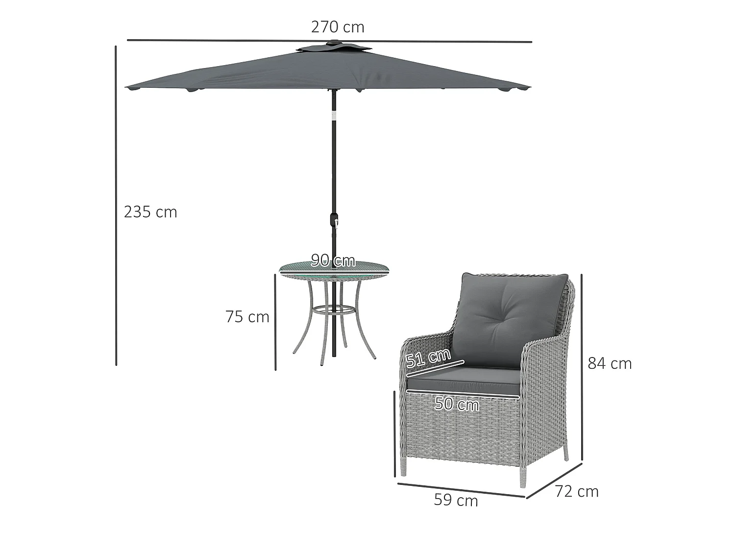 Hasa Light Grey 4 Seater Rattan Outdoor Dining Set with Cushions and Parasol