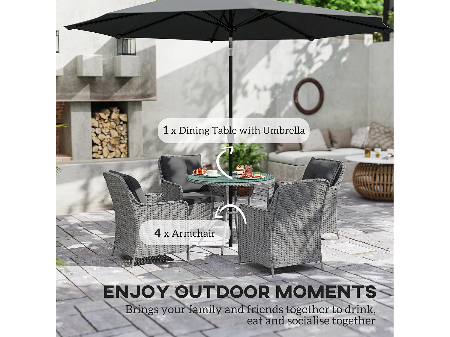 Hasa Light Grey 4 Seater Rattan Outdoor Dining Set with Cushions and Parasol