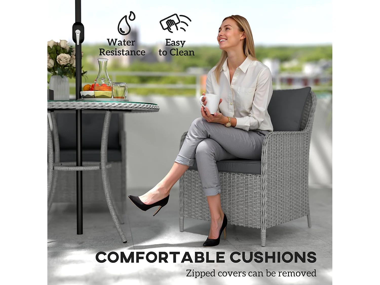 Hasa Light Grey 4 Seater Rattan Outdoor Dining Set with Cushions and Parasol
