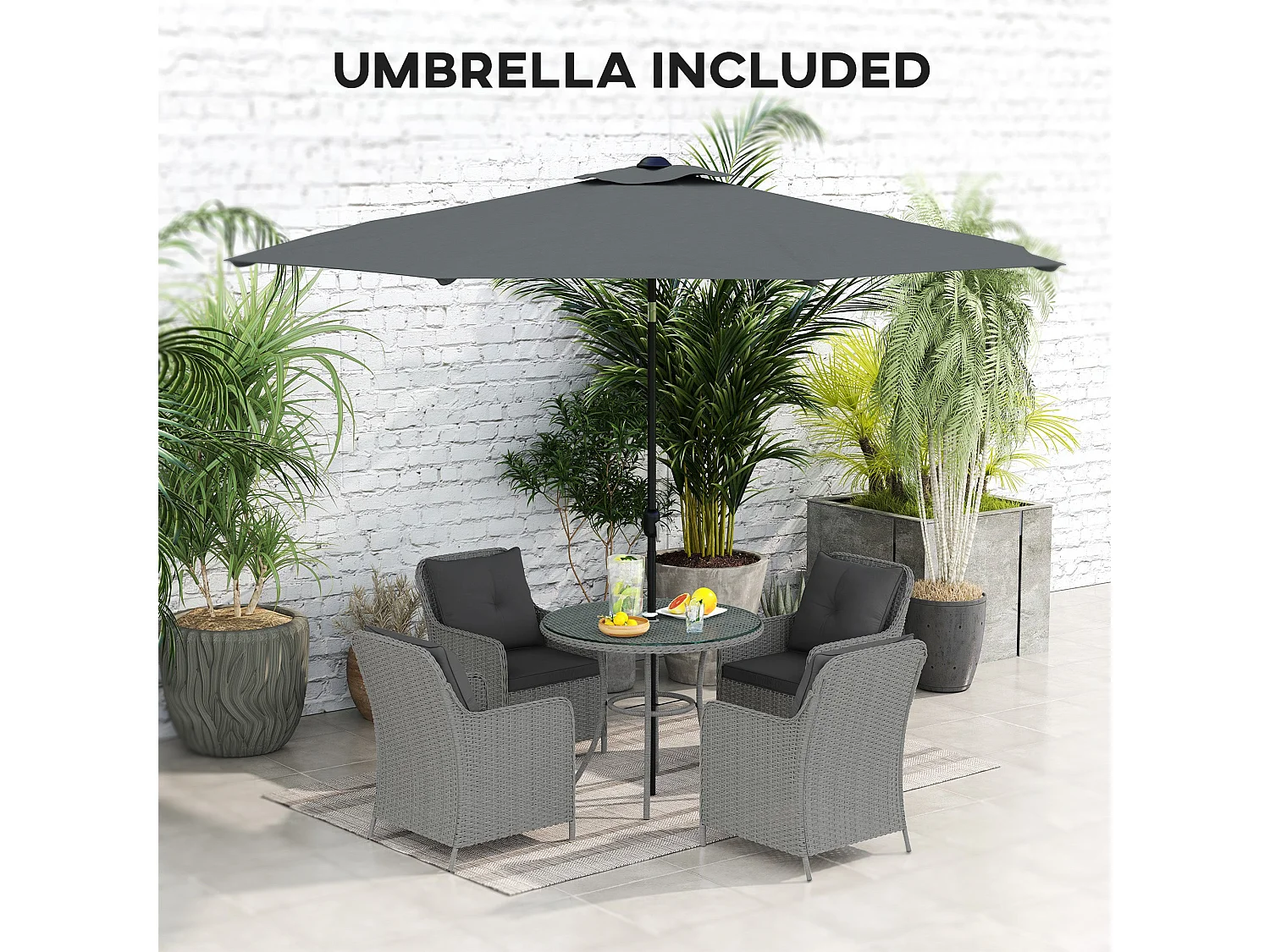Hasa Light Grey 4 Seater Rattan Outdoor Dining Set with Cushions and Parasol
