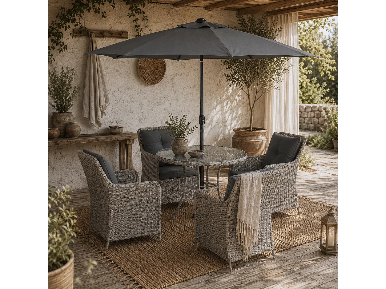 Hasa Light Grey 4 Seater Rattan Outdoor Dining Set with Cushions and Parasol
