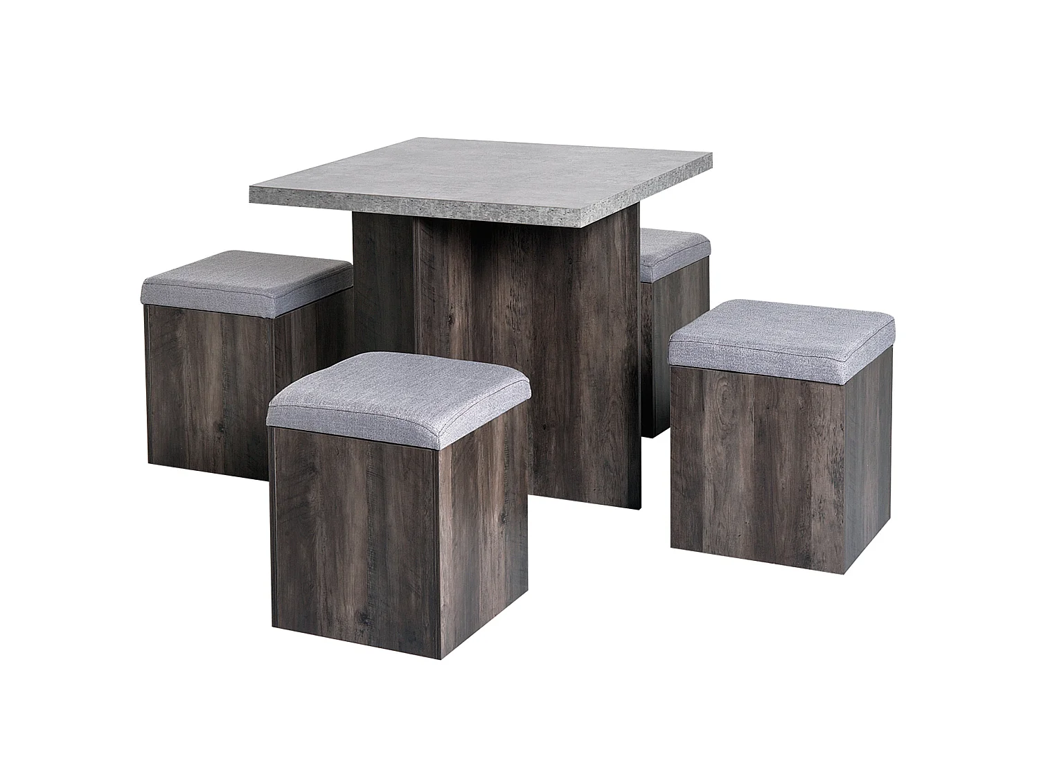 Nobael 5 Piece Dining Set Square Wood Grain Table with 4 Grey Storage Ottomans