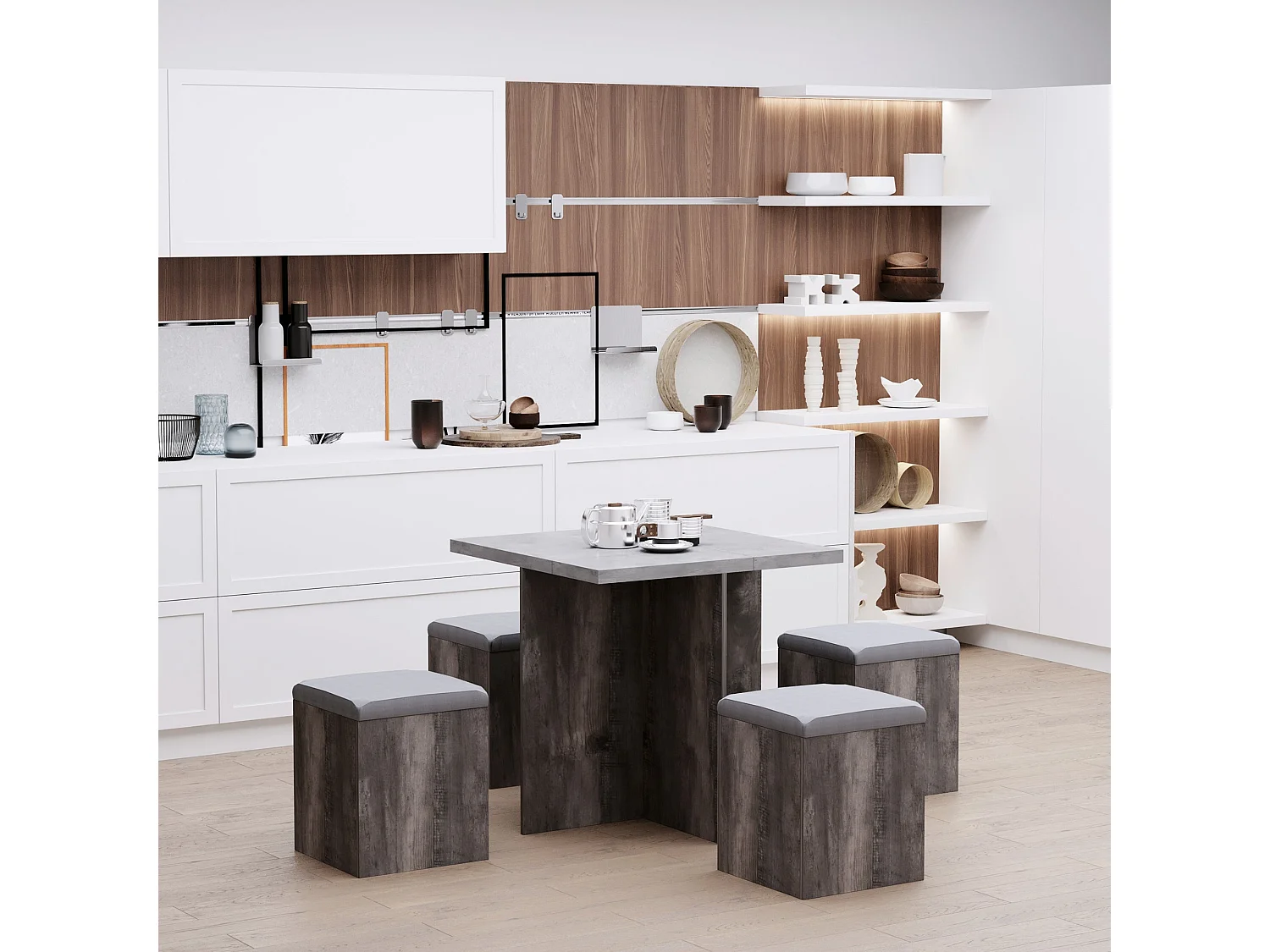 Nobael 5 Piece Dining Set Square Wood Grain Table with 4 Grey Storage Ottomans