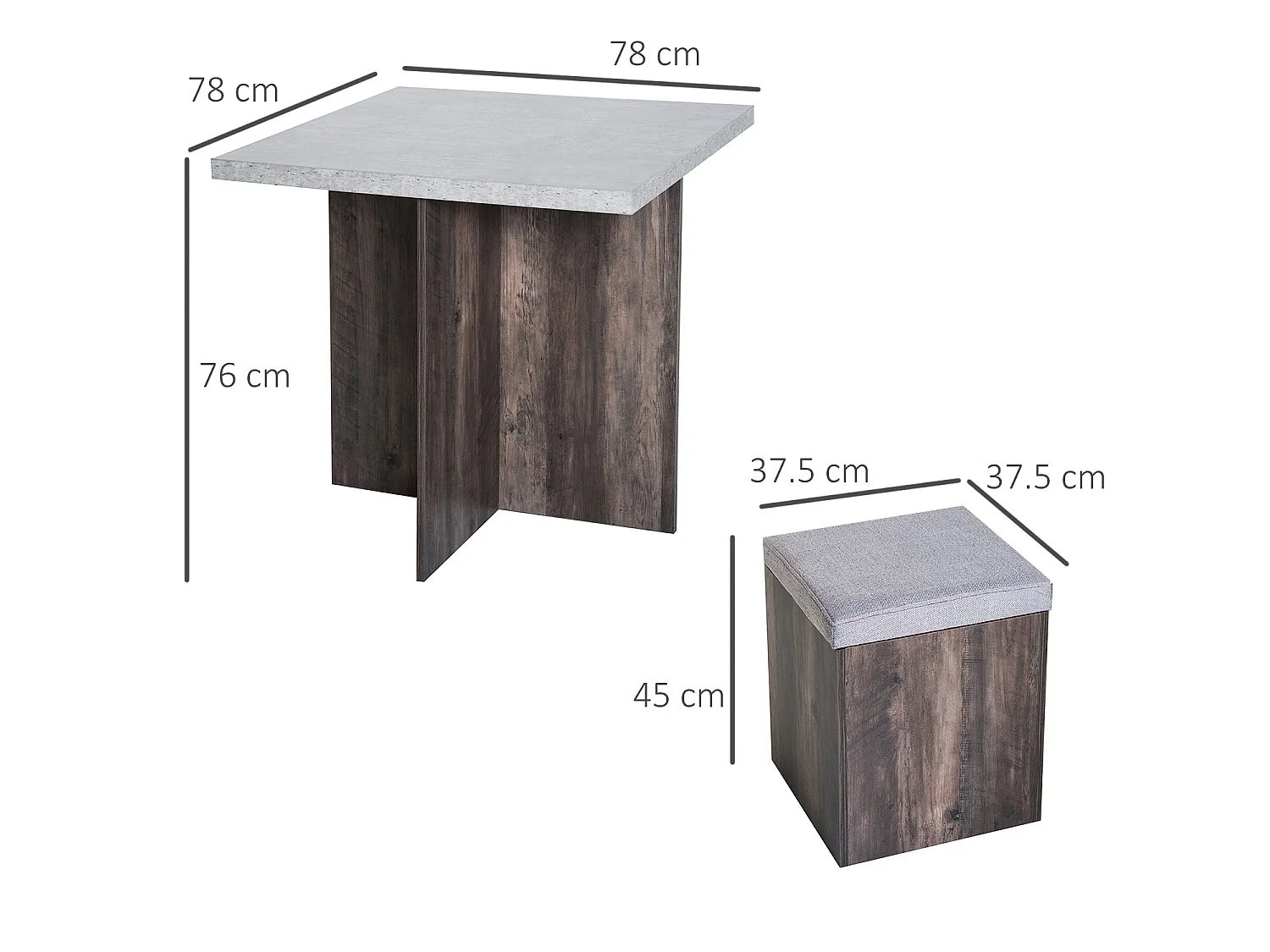 Nobael 5 Piece Dining Set Square Wood Grain Table with 4 Grey Storage Ottomans
