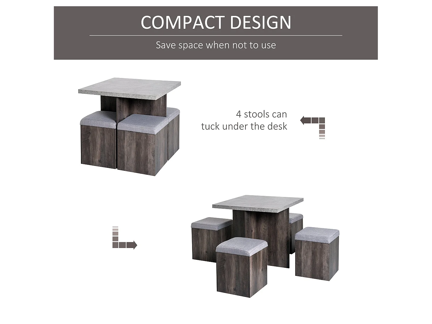 Nobael 5 Piece Dining Set Square Wood Grain Table with 4 Grey Storage Ottomans