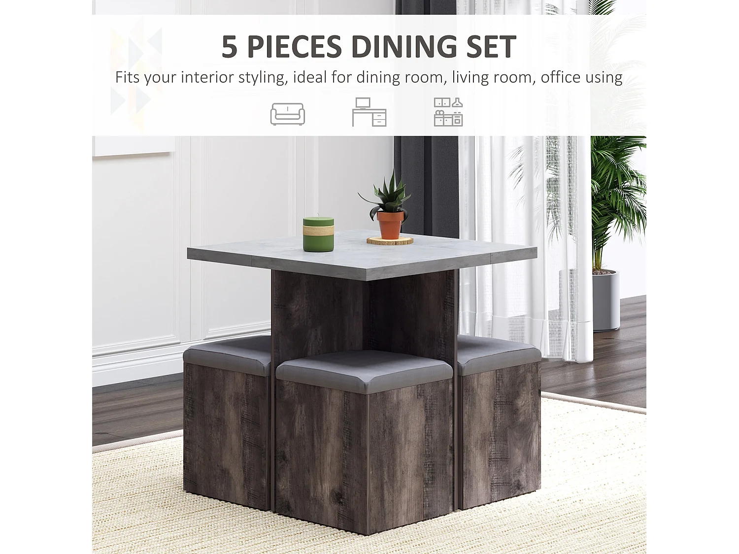 Nobael 5 Piece Dining Set Square Wood Grain Table with 4 Grey Storage Ottomans