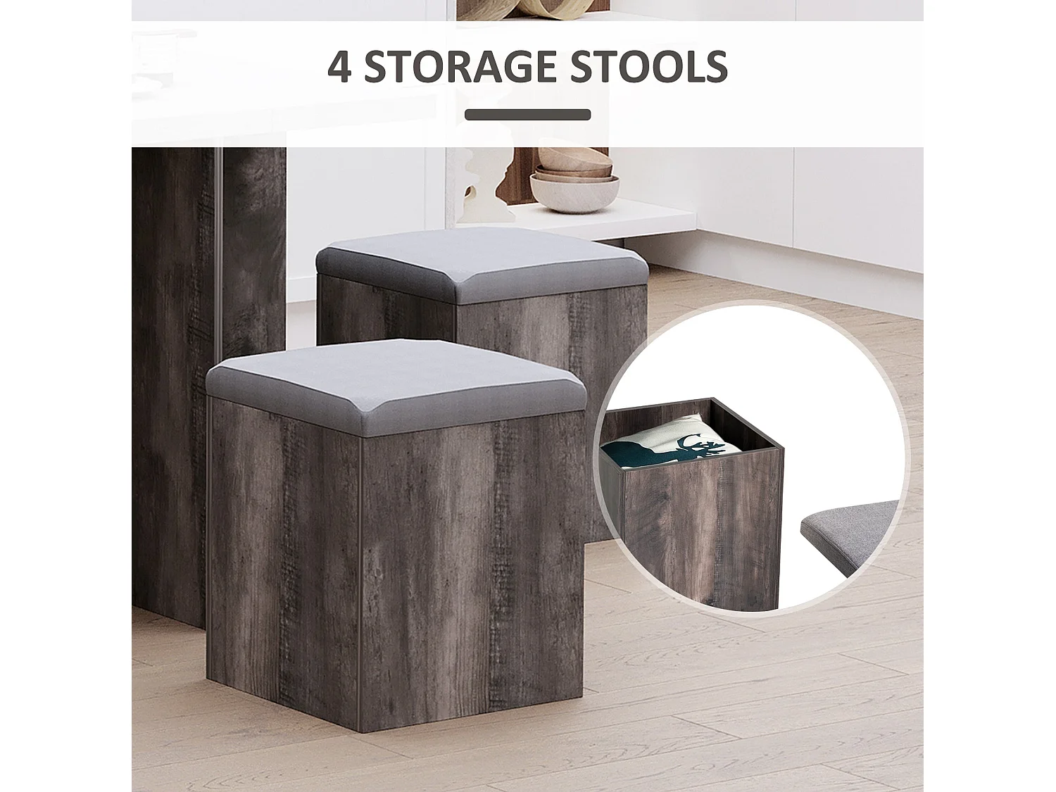 Nobael 5 Piece Dining Set Square Wood Grain Table with 4 Grey Storage Ottomans