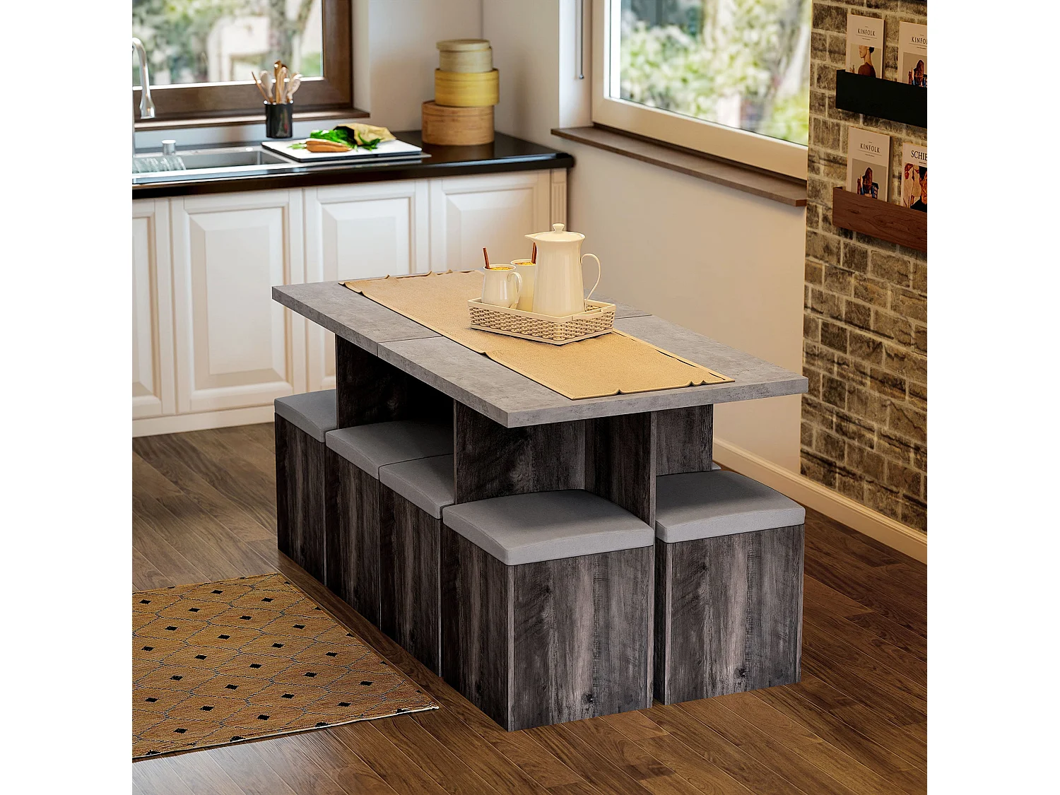 Nobael 5 Piece Dining Set Square Wood Grain Table with 4 Grey Storage Ottomans