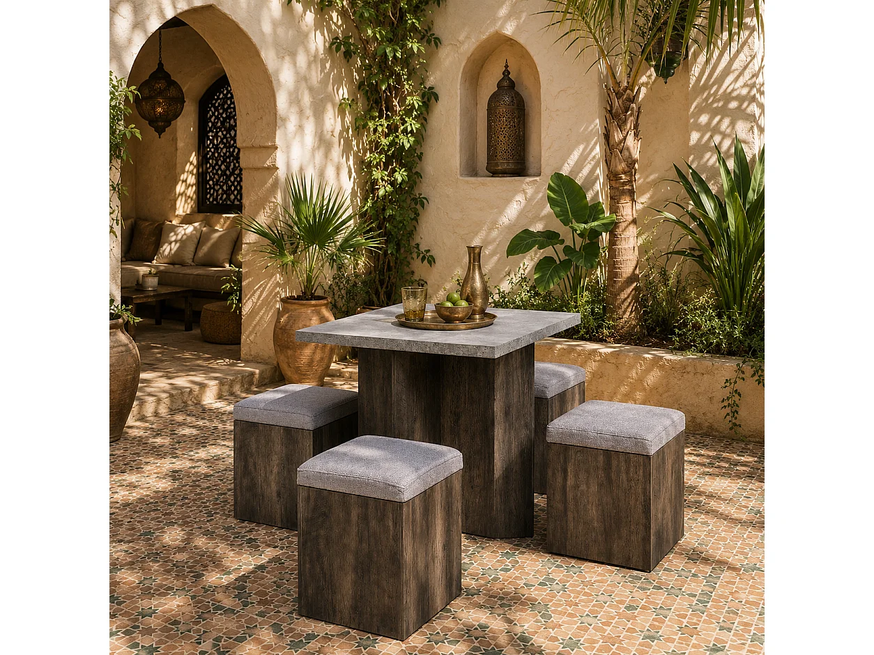 Nobael 5 Piece Dining Set Square Wood Grain Table with 4 Grey Storage Ottomans
