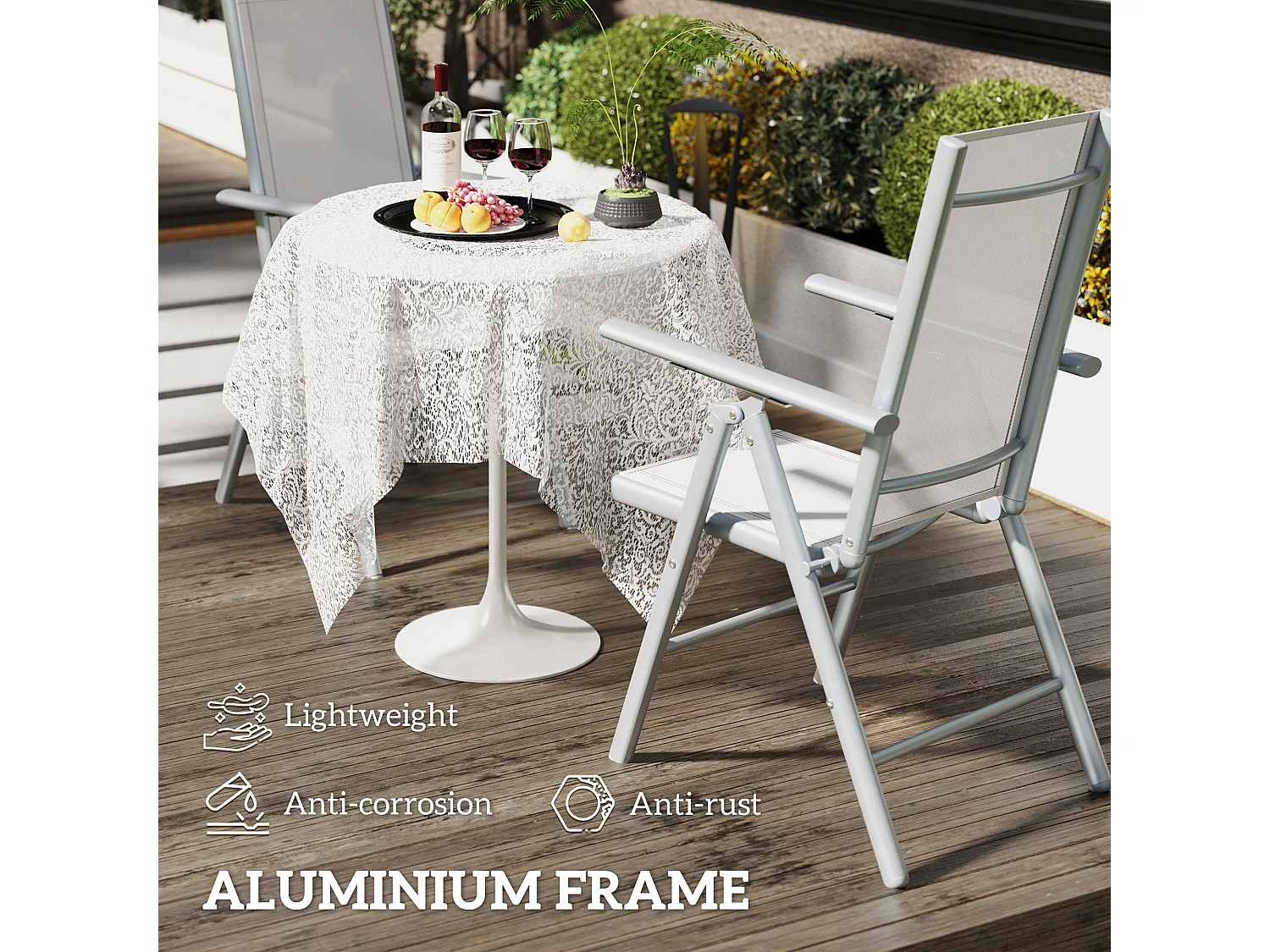Mina Set of 2 Light Grey Aluminium Folding Outdoor Dining Chairs with Breathable Mesh