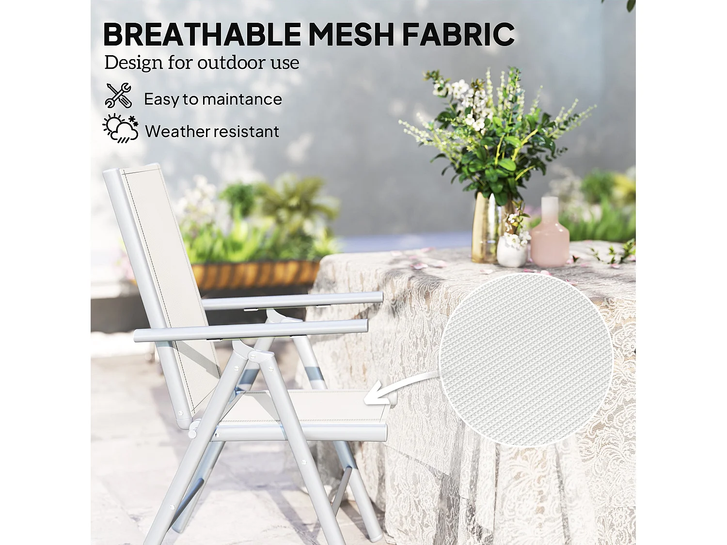 Mina Set of 2 Light Grey Aluminium Folding Outdoor Dining Chairs with Breathable Mesh