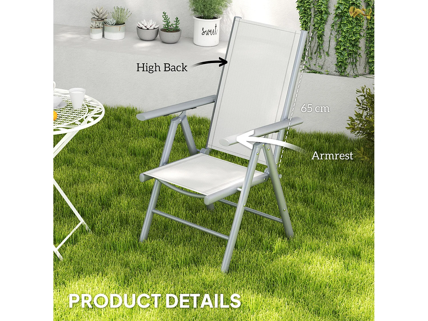 Mina Set of 2 Light Grey Aluminium Folding Outdoor Dining Chairs with Breathable Mesh