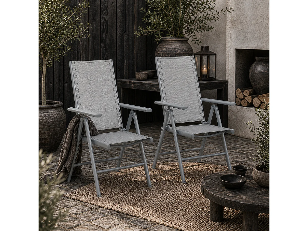 Mina Set of 2 Light Grey Aluminium Folding Outdoor Dining Chairs with Breathable Mesh