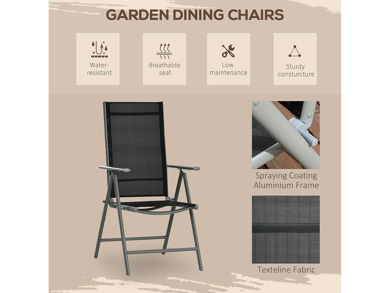 Lule 6 Seater Aluminium Garden Dining Set Folding Texteline Chairs and Tempered Glass Table