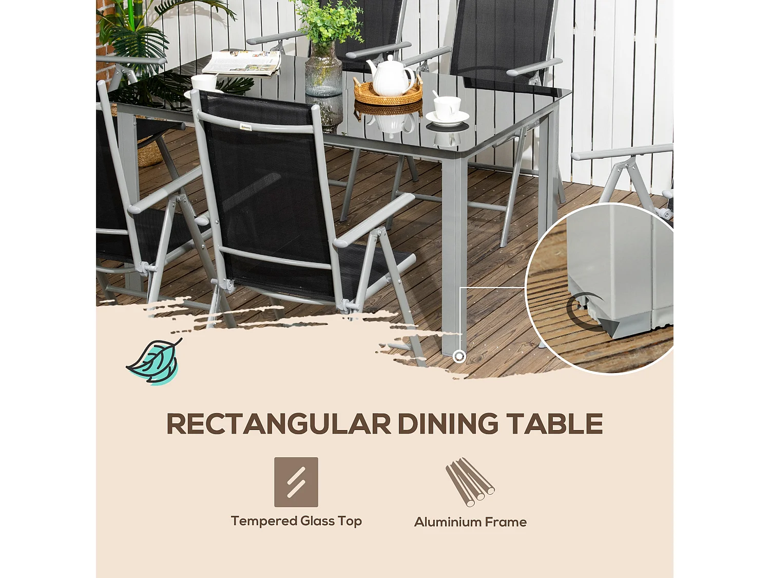 Lule 6 Seater Aluminium Garden Dining Set Folding Texteline Chairs and Tempered Glass Table