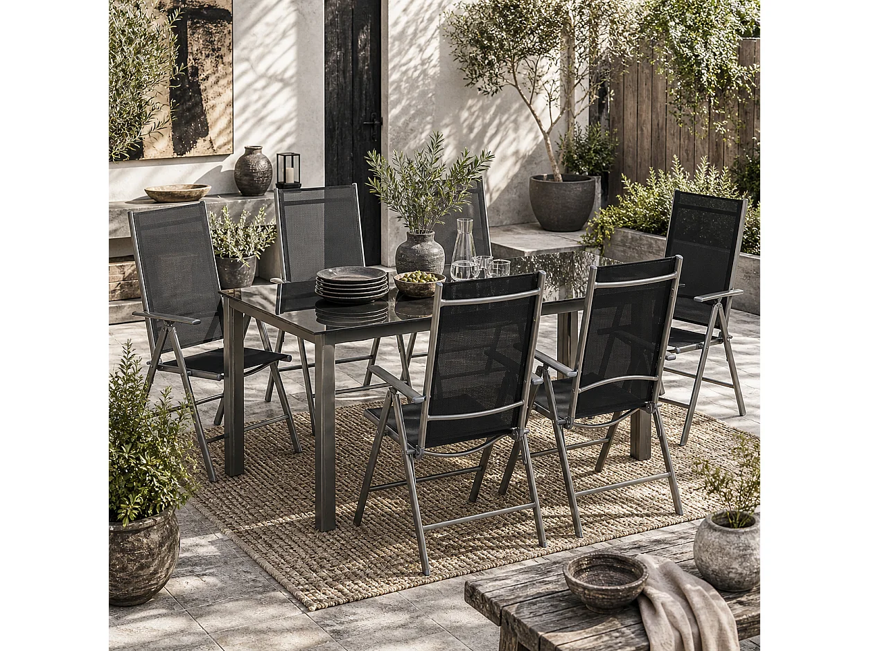 Lule 6 Seater Aluminium Garden Dining Set Folding Texteline Chairs and Tempered Glass Table