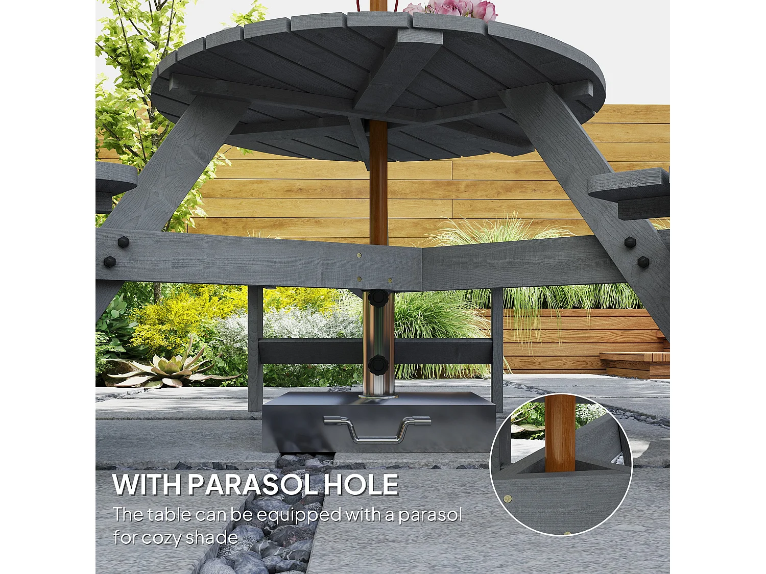 Taviba 6 Seater Grey Fir Wood Round Picnic Table and Bench Set