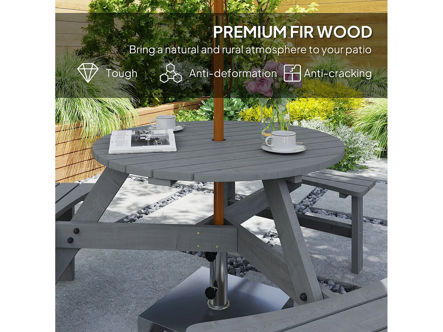 Taviba 6 Seater Grey Fir Wood Round Picnic Table and Bench Set