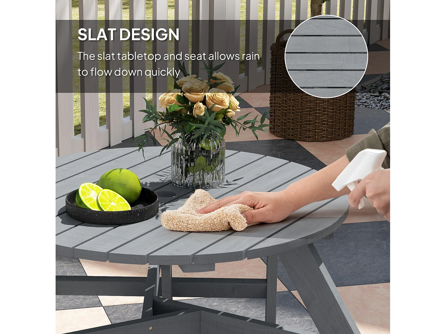 Taviba 6 Seater Grey Fir Wood Round Picnic Table and Bench Set
