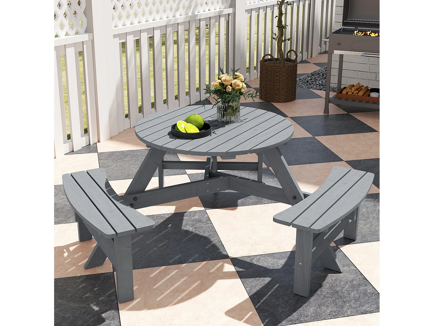 Taviba 6 Seater Grey Fir Wood Round Picnic Table and Bench Set