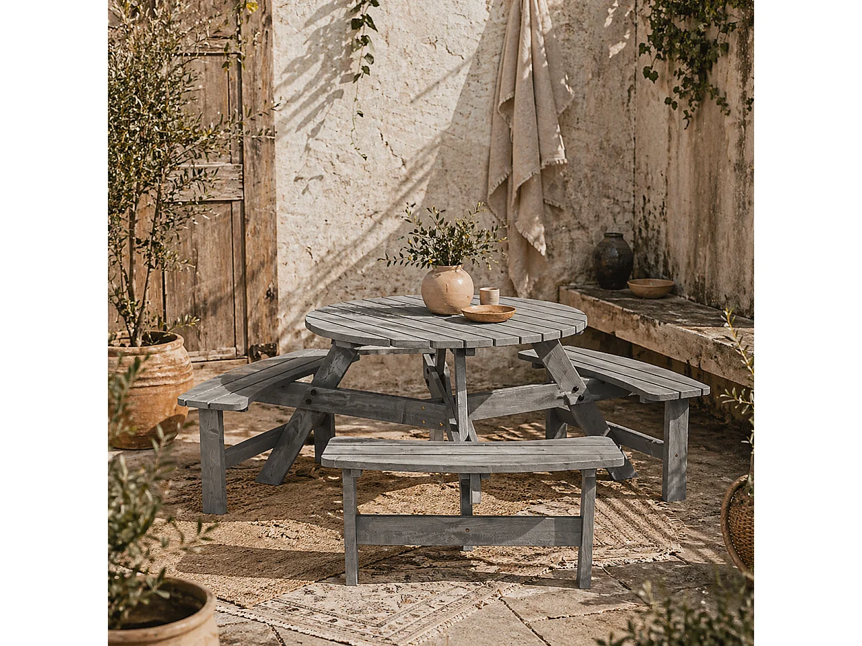 Taviba 6 Seater Grey Fir Wood Round Picnic Table and Bench Set