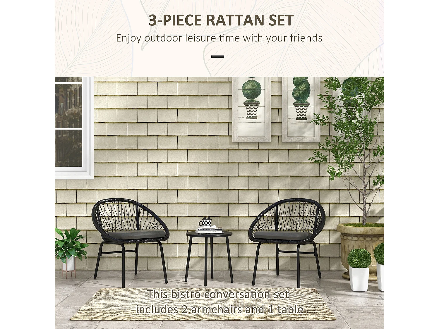 Lukeno 3 Piece Outdoor Bistro Set Black Rattan with Dark Grey Cushions