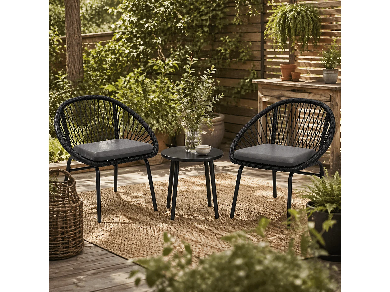 Lukeno 3 Piece Outdoor Bistro Set Black Rattan with Dark Grey Cushions