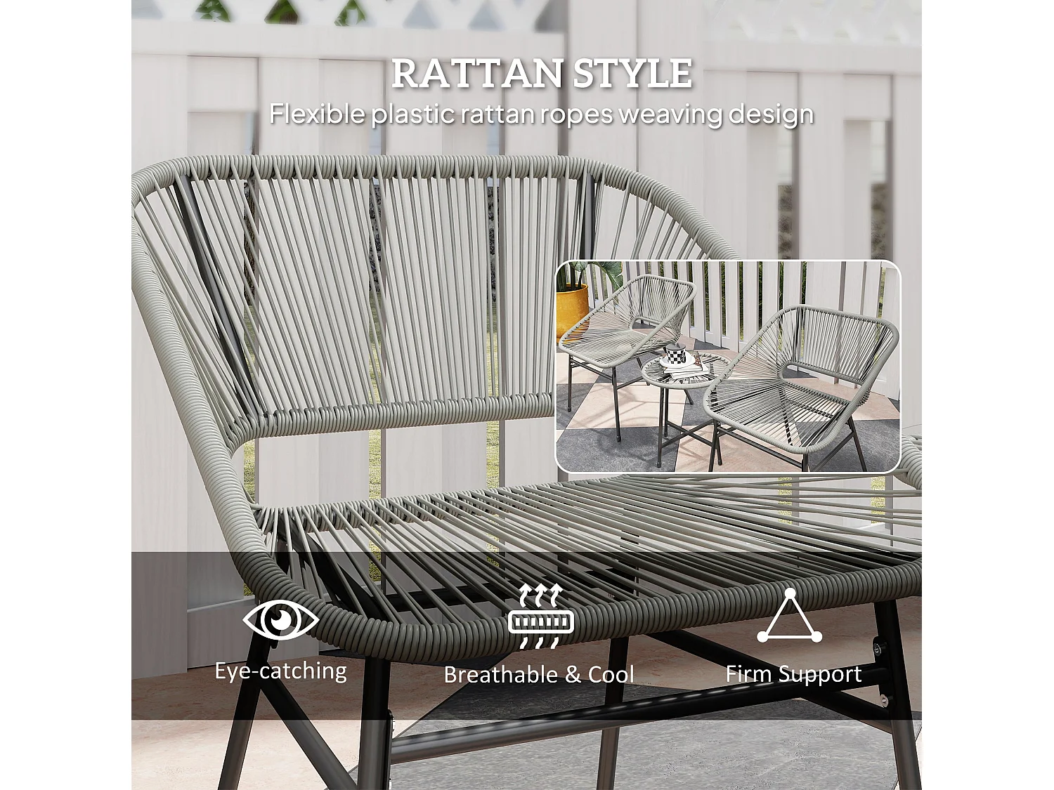 Sorino 3 Piece Rattan Bistro Set Light Grey with Glass Table