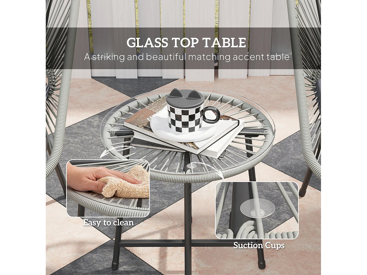 Sorino 3 Piece Rattan Bistro Set Light Grey with Glass Table