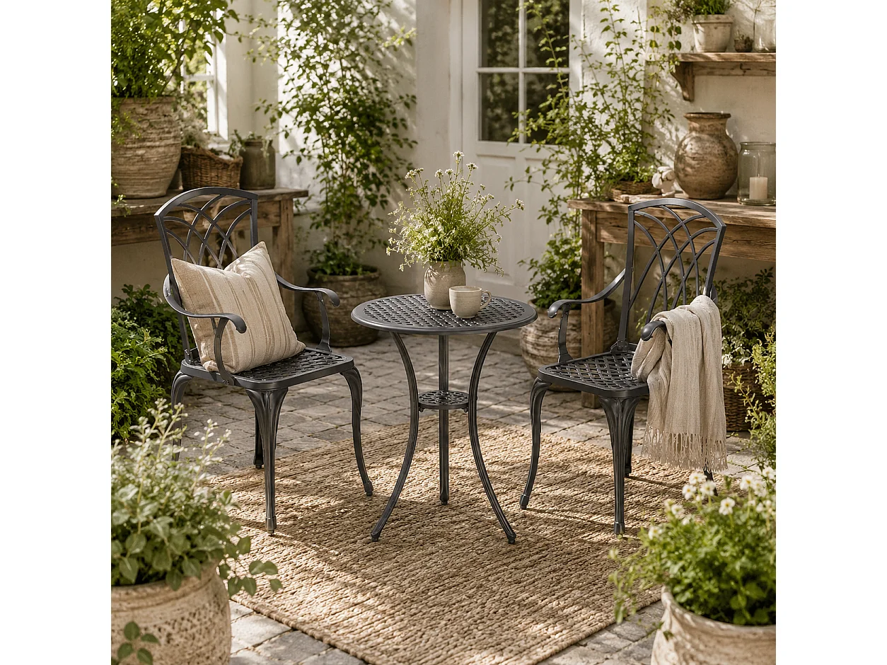 Sazzotti Brown Cast Aluminium Bistro Set 2 Armchairs and Round Table