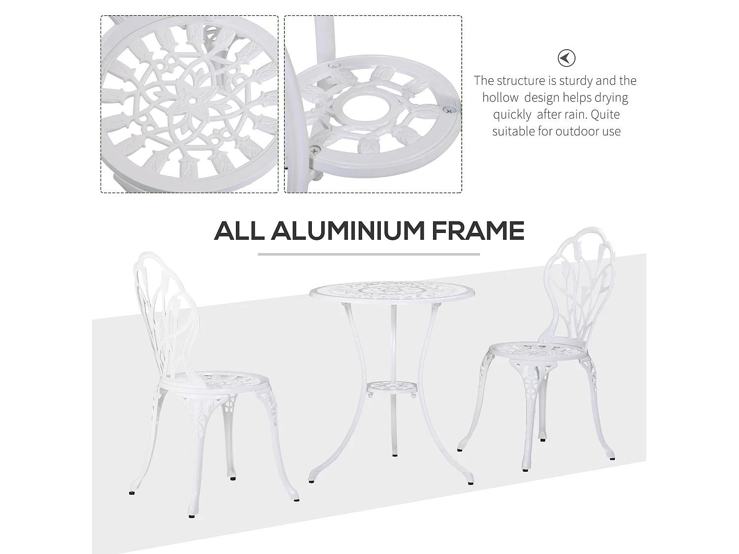 Vitano 3 Piece Cast Aluminium Bistro Set White Table and 2 Chairs