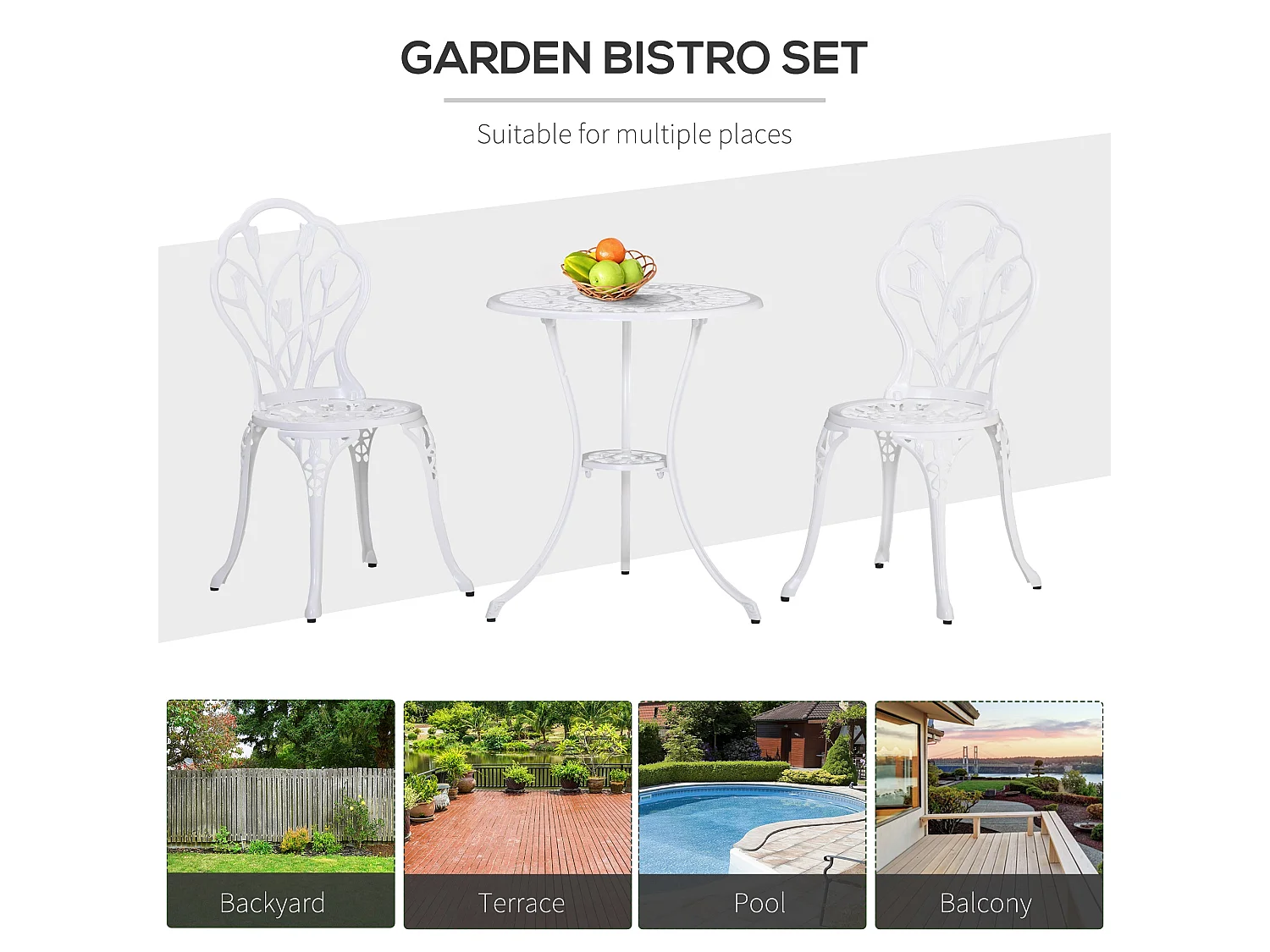 Vitano 3 Piece Cast Aluminium Bistro Set White Table and 2 Chairs