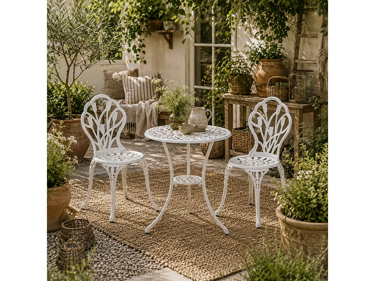 Vitano 3 Piece Cast Aluminium Bistro Set White Table and 2 Chairs